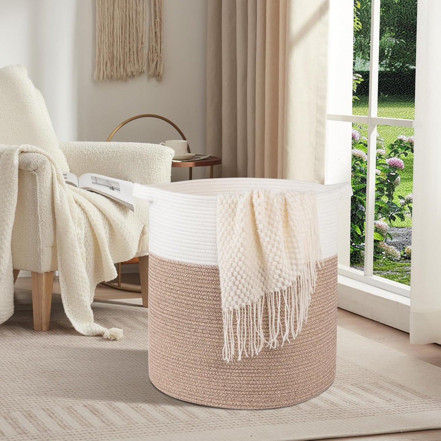 OIAHOMY 80L Laundry Hamper, Storage Basket with Handles, Laundry Basket For Toys, Pillows, Blankets,Clothes-20x18in-Brown&White