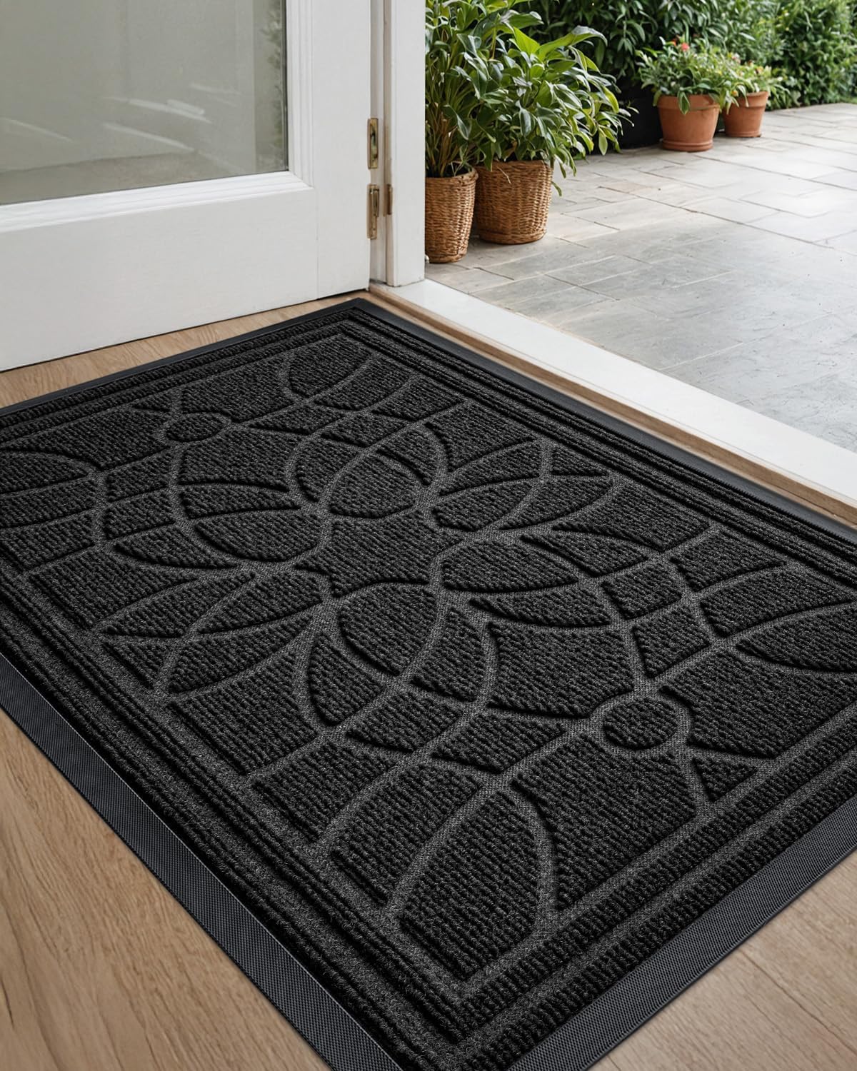 DEXI Front Door Mat Outside Entrance, Heavy Duty Non Slip Low Profile Doormat for Entryway, Trap Dirt and Moisture Welcome Mats, Easy Clean, Patio, Garage, 3x2, Black
