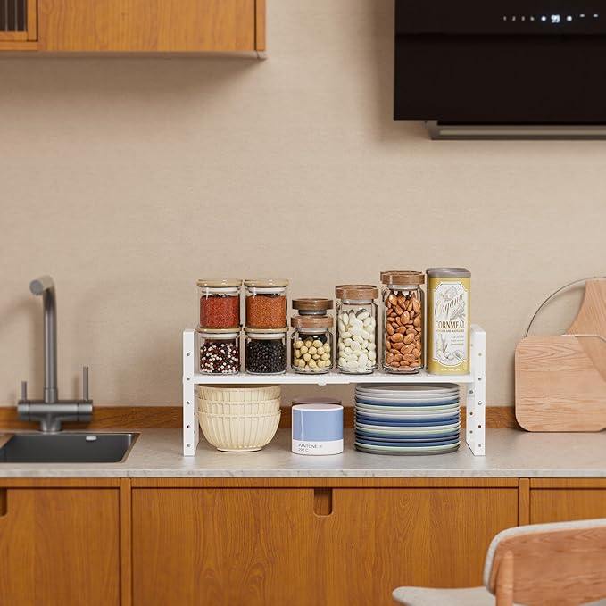 Expandable Spice Rack, Stackable Metal Pantry Storage Shelves Stand, Adjustable Height Cabinet Shelf Organizer Racks(1PACK/WHITE,MEDIUM)