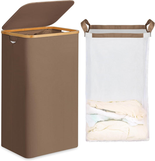 26 Gal Laundry Basket with Lid and Net Bag, Tall Laundry Hamper with Bamboo Handles, Aesthetic Dirty Clothes Bin for Laundry Room, Bathroom, Bedroom and Dorm, Brown