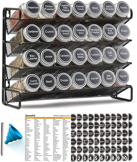SpaceAid Spice Rack Organizer with 28 Spice Jars, 386 Spice Labels, Chalk Marker and Funnel Set for Cabinet, Countertop, Pantry, Cupboard or Door & Wall Mount - 28 Jars, 13.4" W × 10.8" H, Black