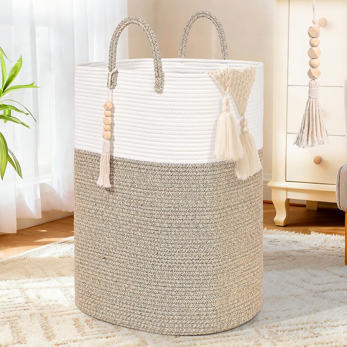 Woven Laundry Basket for Clothes, 100L Large Rectangle Laundry Hampers with Beads Tassel, Nursery Storage Basket for Toys, Tall Dirty Clothes Hamper for Bedroom Aesthetic, Laundry Room Organization