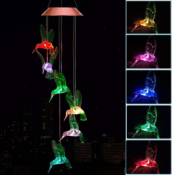 ME9UE Solar Hummingbird Wind Chimes Outdoor Waterproof Mobile Romantic LED Multi Color-Changing Solar Sensor Powered Lights for Home, Yard, Night Garden Decor, Party, Valentines Gift, Gift for Mom