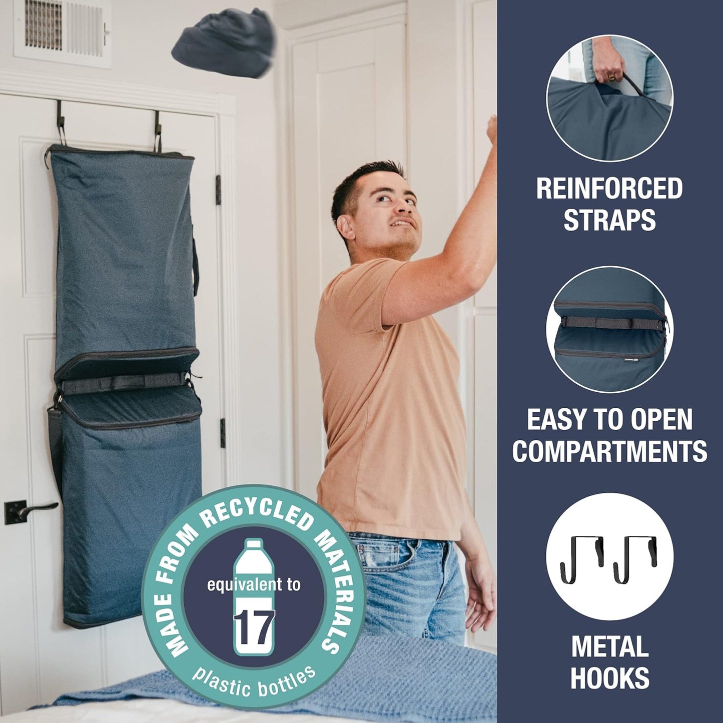 CleverMade Convertible Laundry Hamper Bag - Ocean Dark Charcoal holds 43L / 40 lbs 2 Compartments - Storage with Handles for Home Organization