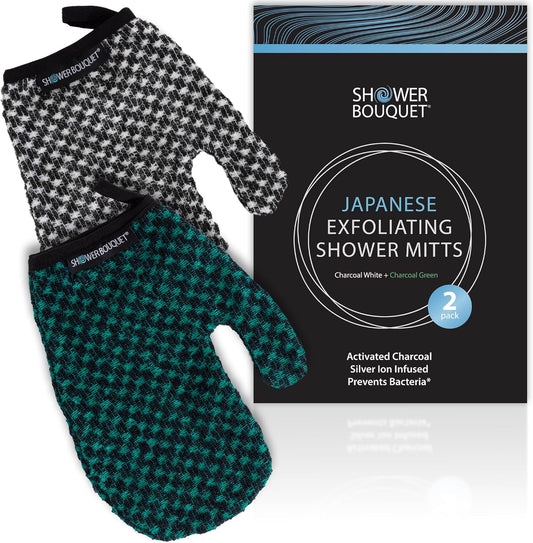 Japanese Exfoliating Mitt 2-Pack - Charcoal & Silver Ion Exfoliating Gloves for Shower - Soft Inner Fabric Gentle Exfoliation & Deep Cleansing Body Scrub Gloves for All Skin Types - 1 White, 1 Green