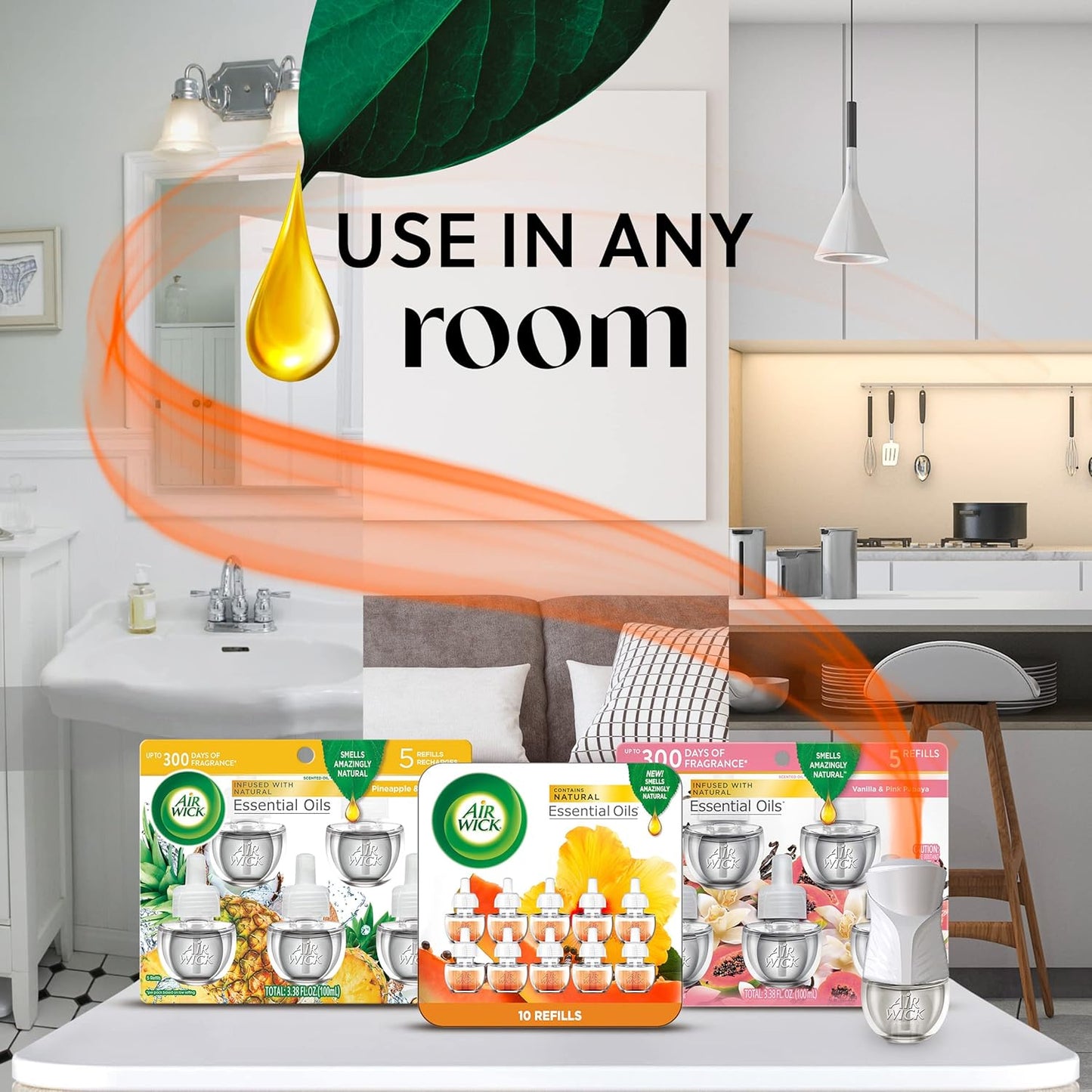 Air Wick Plug In Scented Oil Starter Kit, 2 Warmers + 6 Refills, Vanilla & Pink Papaya, Essential Oils, Air Freshener