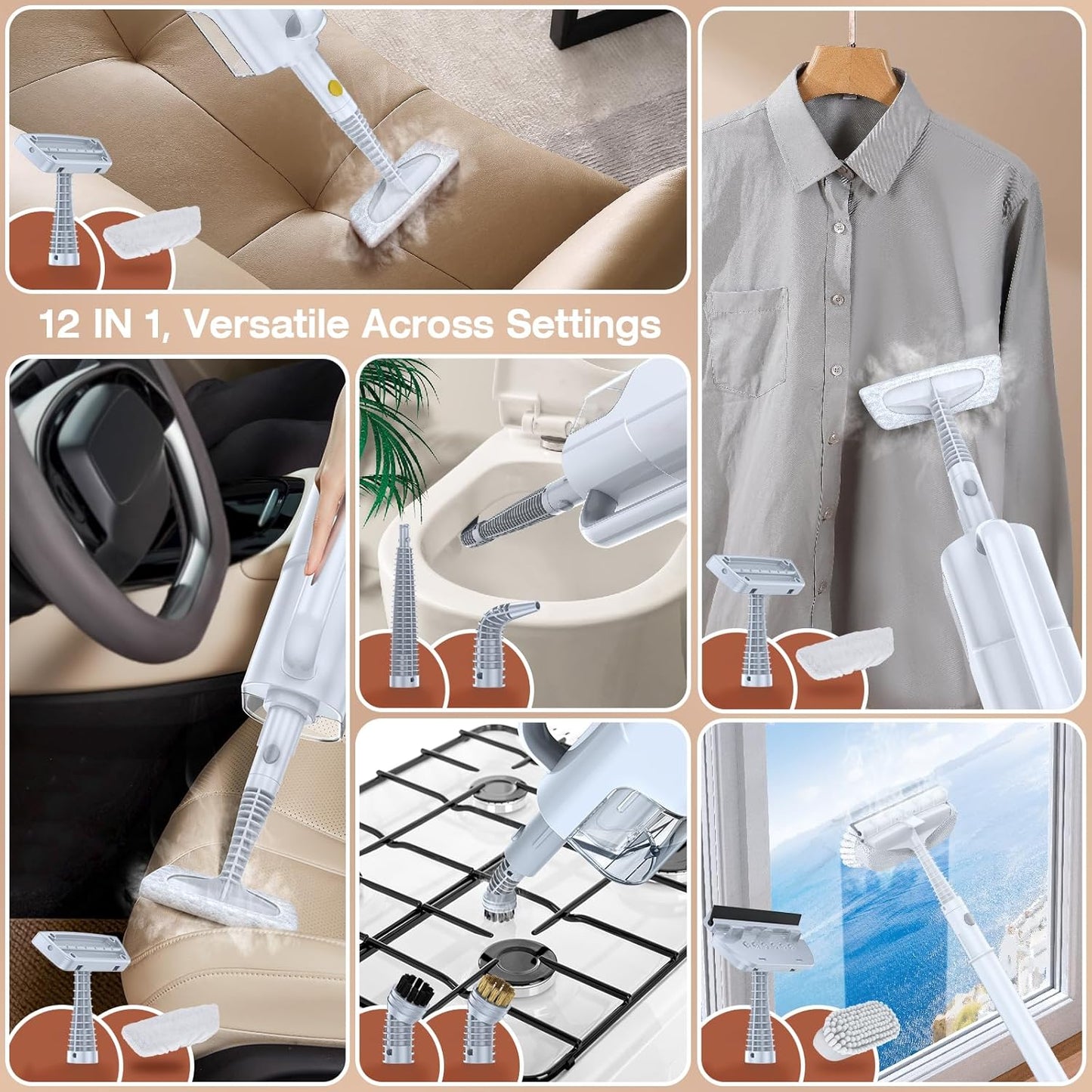 ScrubWiz Steam Mop Cleaner with Detachable Handheld Steamer, 10-in-1 Multi Accessories, Washable Microfiber Pads, 350ml and 2 Adjustable Level for Cleaning Floor, Carpet, Tile, Grill and Grout, White