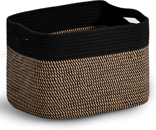 Woven Cotton Rope Storage Basket for Organizing, Cute Decorative Baskets for Gifts Empty, Organizer Bins for Dog Toy, Baby Laundry, 15“×11”×9.5“, Jute & Black