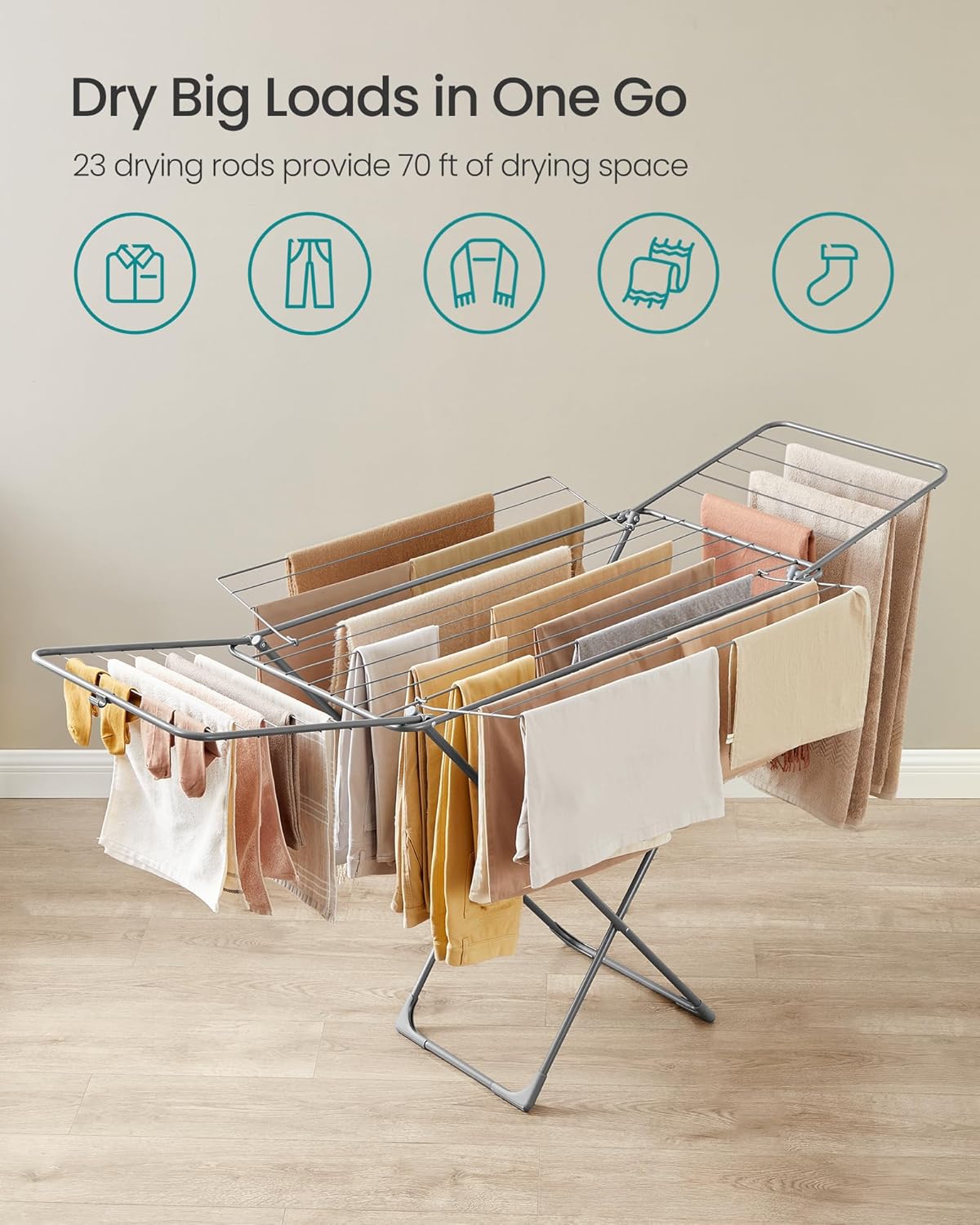 SONGMICS Clothes Drying Rack, Metal Laundry Drying Rack, Foldable, Space-Saving, Free-Standing Airer, with 4 Gullwings, Indoor Outdoor Use, Bed Linen Clothing, Gray ULLR541G01