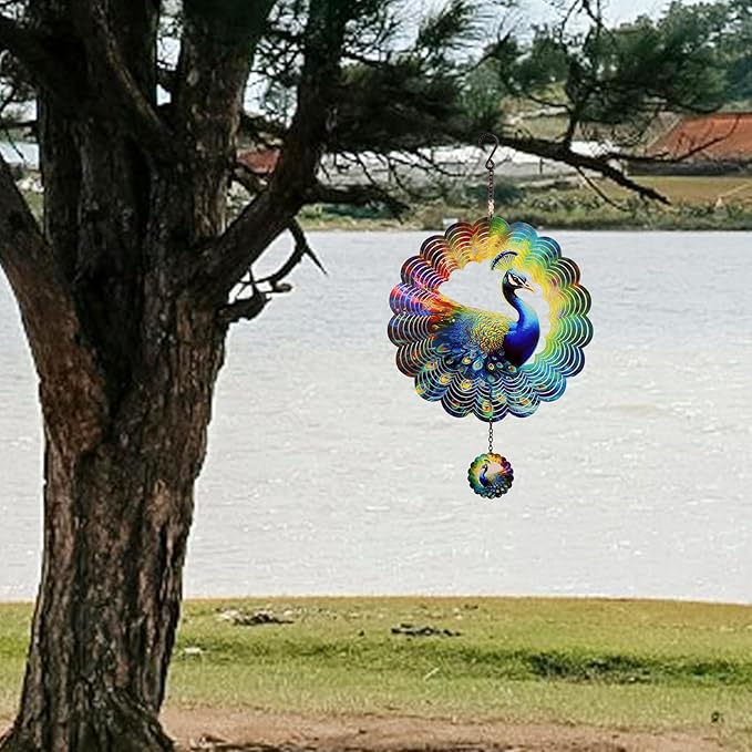 Peacock Metal Wind Spinners - Gifts for Women Mom Grandma Wife, Hanging Wind Spinner for Outdoor & Indoor Decorations, 12 inch Wide, 21 inch Long, Wind Spinner for Christmas Ornament Gifts