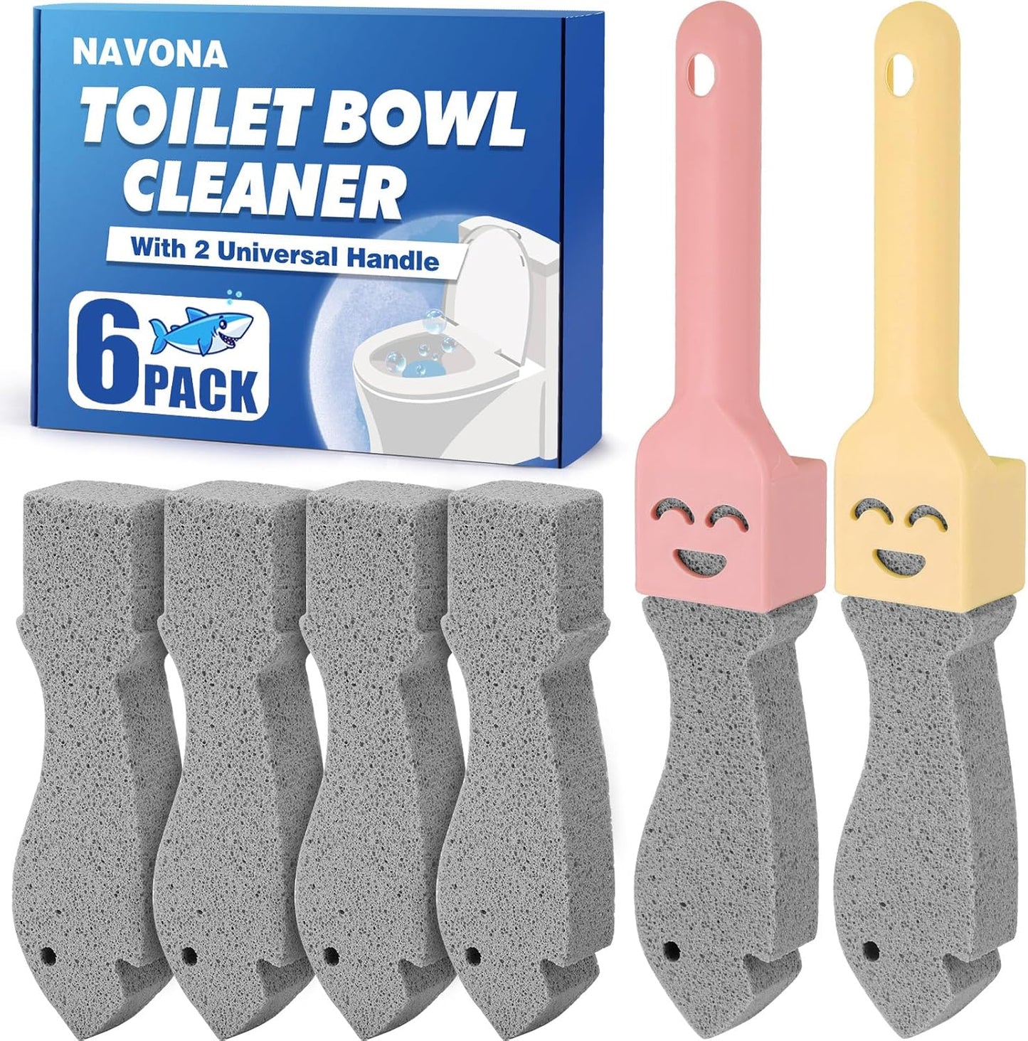 Navona 6 Pack Pumice Stone Scouring Sticks with 2 Universal Handles, Grey Pumice Stone for Cleaning Toilets, Bathrooms