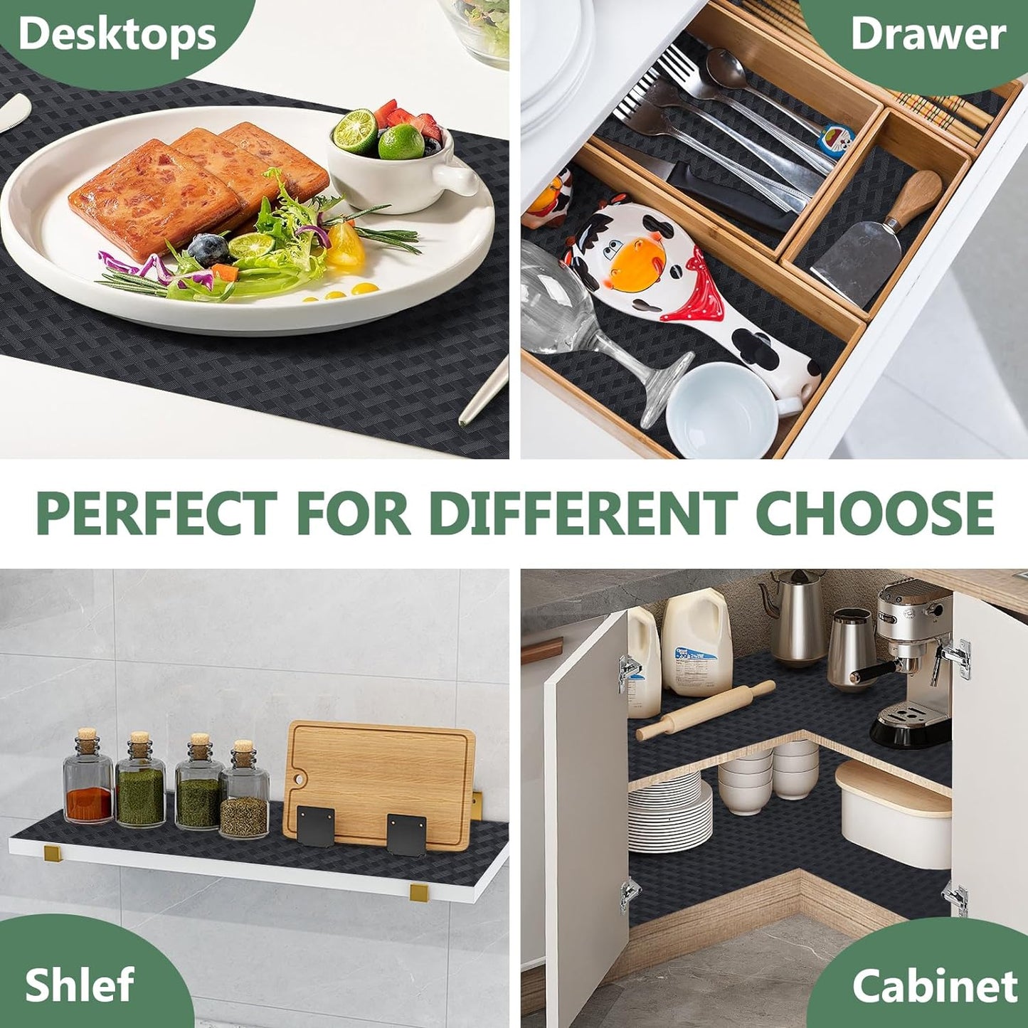 Shelf Liners, Non-Adhesive Drawer Liner, Waterproof & Oil-Proof Kitchen Cabinet Cupboard Liner Plastic EVA Material BPA Free Fridge Liner Mats Paper Protector for Shelves (Black/12in x 120in)