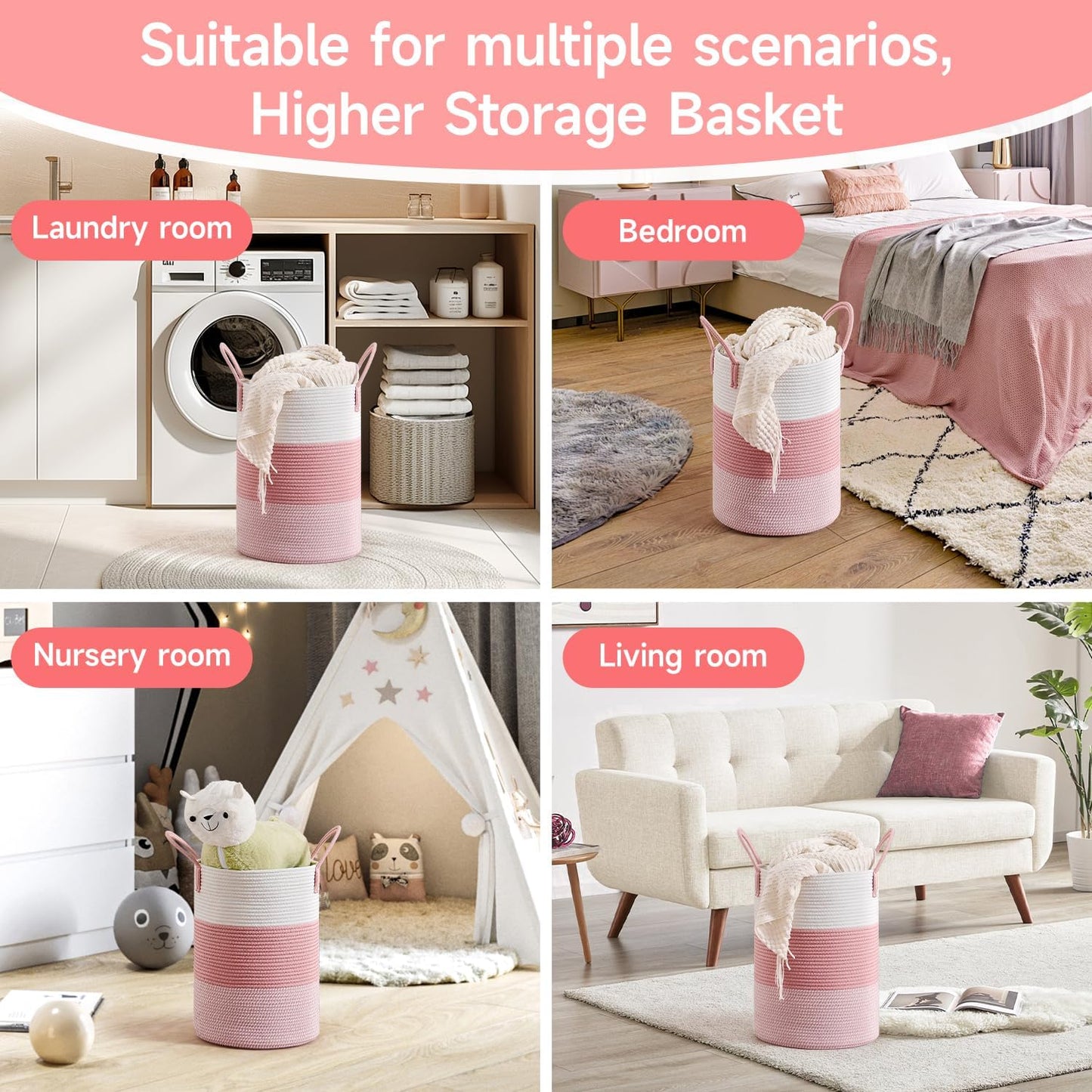 CLHMILY&Z 40L Laundry Basket Round Storage Rope Basket - 13x18 Inches - Pink Hamper in Bedreoom and Cute Storage Bin for Blankets, Toys, and Nursery Essentials