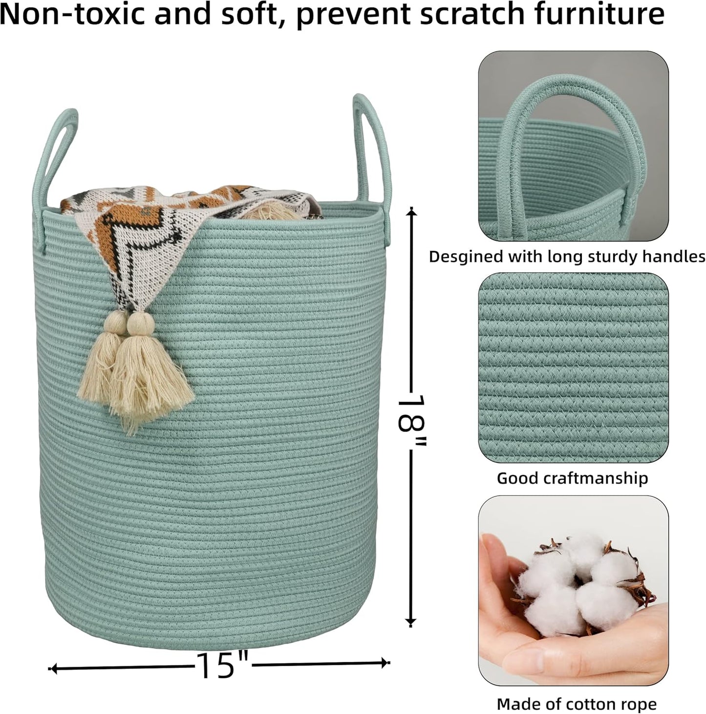 Cotton Rope Laundry Basket Hamper for Clothes Woven Storage Basket for Living Room Bedroom Boho Tall Rope Baskets for Blanket Toys Pillow Towels Baby Nursery Hamper Bin Large light green