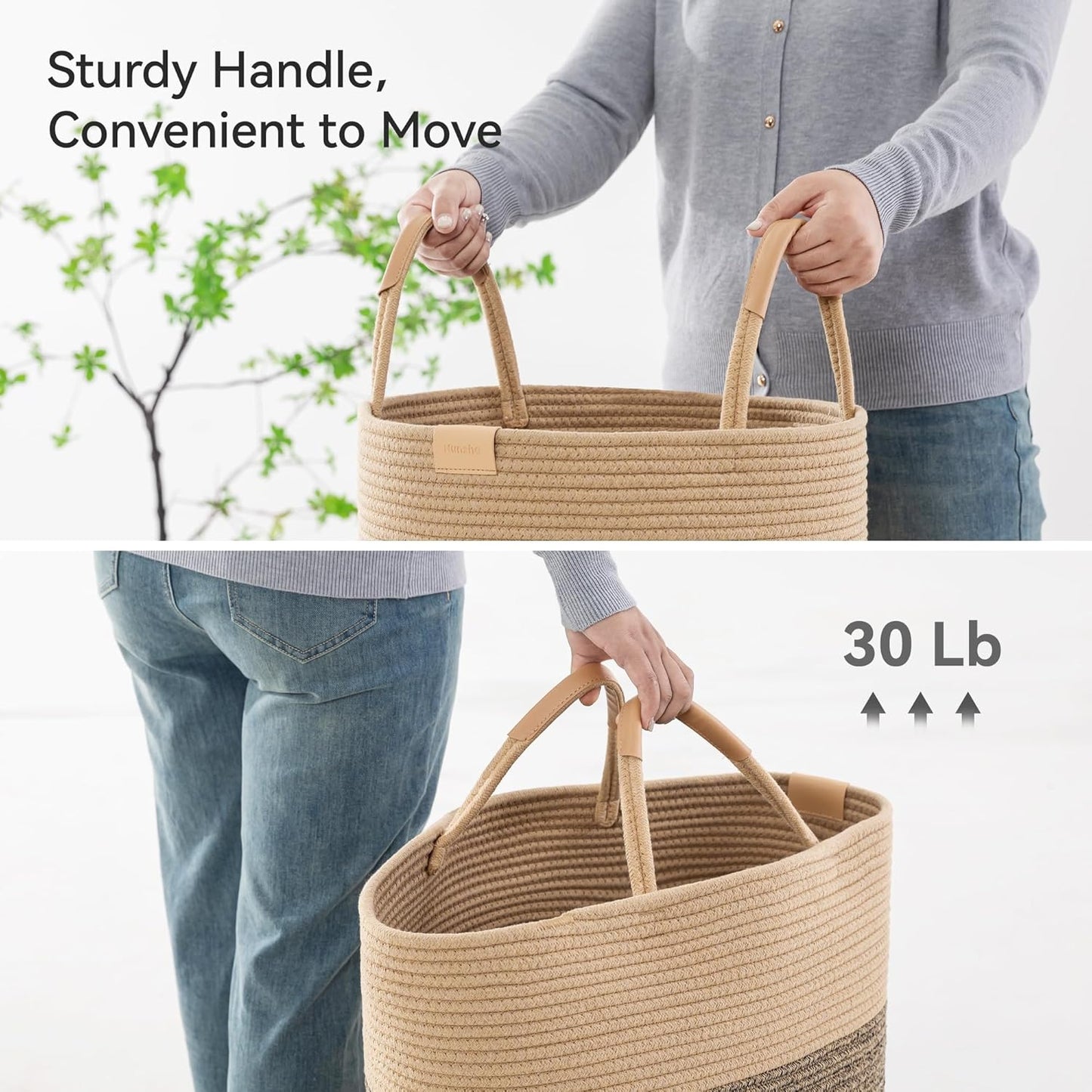 95L Striped Laundry Hamper with Leather Handles,Large Foldable Laundry Basket for Clothes,Cotton Rope Storage Bin for Blankets,Woven Clothes Basket for Bedroom,Dark Brown Stripes