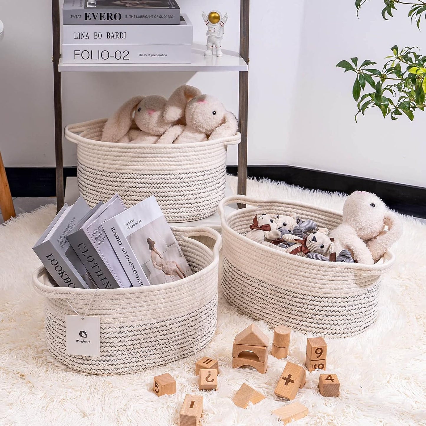 Medium and Large Woven Basket//With Handle, Used for Toys and Fabric Storage Basket used for Storing xl Storage Box, Decorative Storage Box Room 2pack (White/black line, L13×W9×H7)