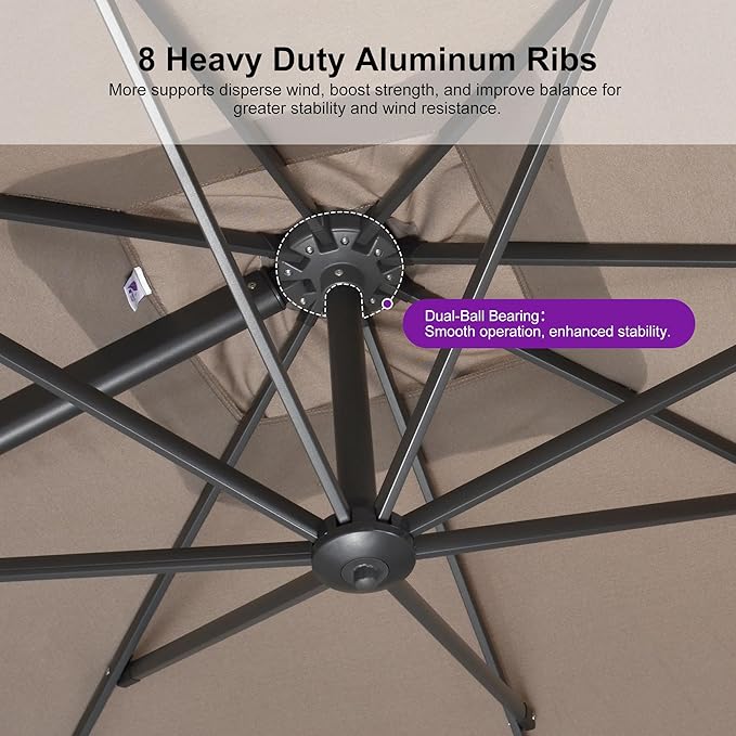 PURPLE LEAF 10' X 13' Patio Umbrella Large Rectangle Outdoor Aluminum Cantilever Umbrella with 3-Year Fade Resistance Recycled Fabric and 360-degree Rotation for Deck Pool Garden, Ash Mocha