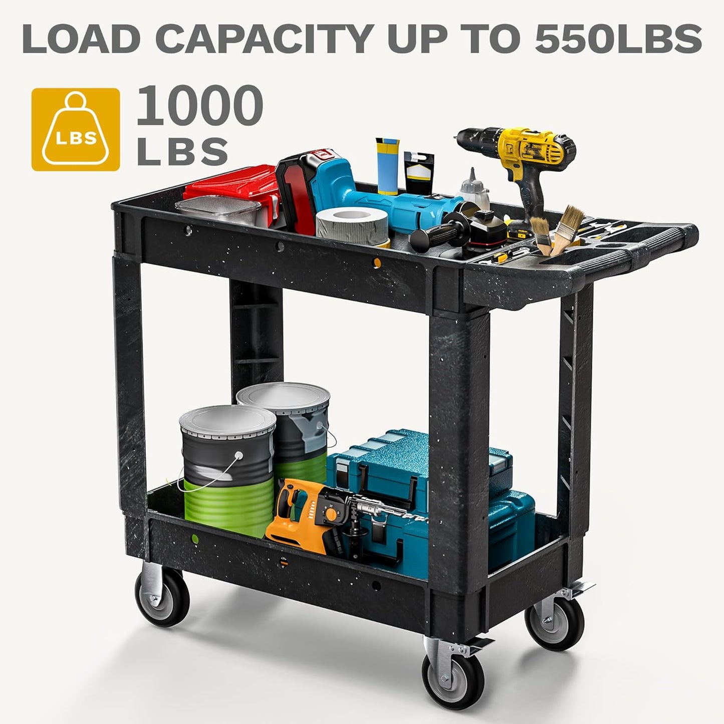 DWVO Utility Cart, 1000 lbs Capacity, 2 Shelf Heavy Duty Plastic Service Utility Cart on Wheels, Rolling Storage Work Carts Suitable for Warehouse, Garage, School & Office, Cleaning, Black