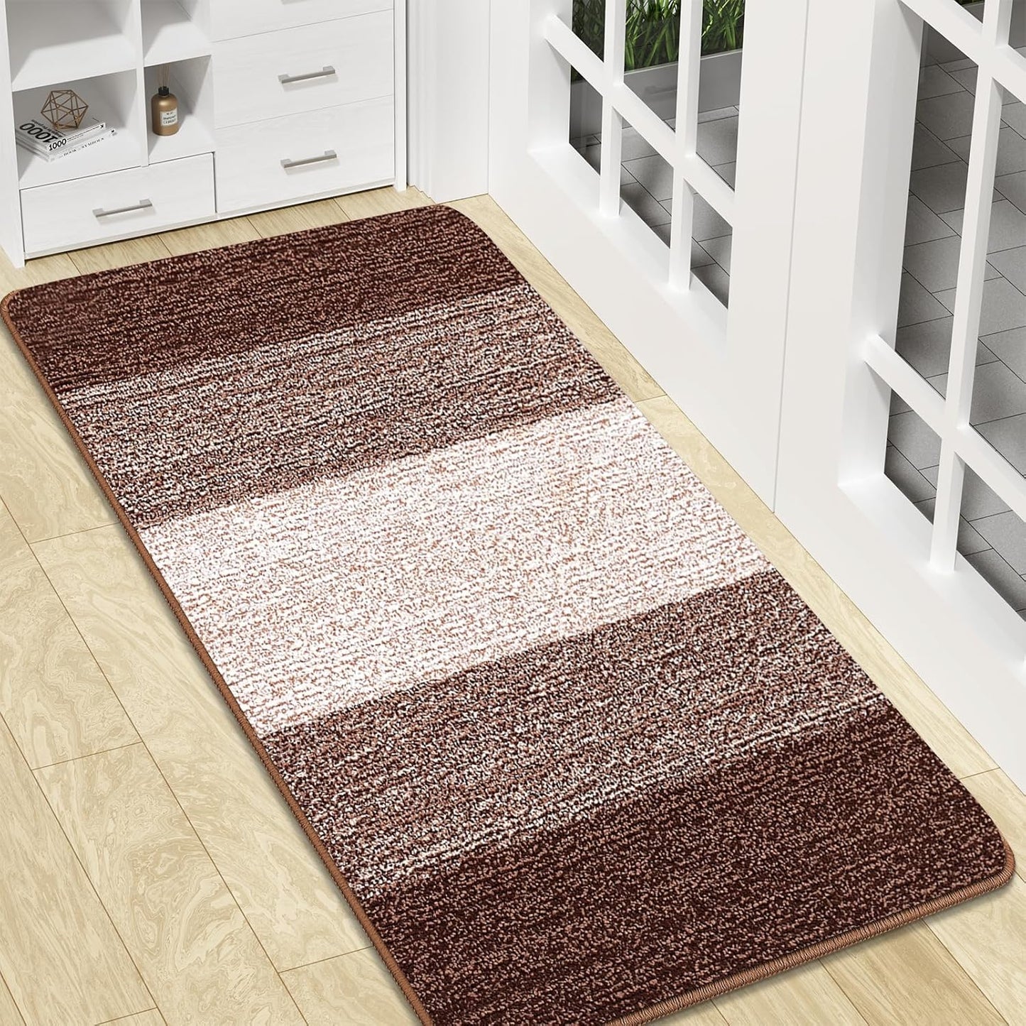 Kitinjoy Indoor Outdoor Door Mat, 47x20 Non-Slip Absorbent Dirt Trapper, Low-Profile Washable Inside Entrance Front Floor Mat, Sturdy Soft Entry Doormats for Entryway, Brown