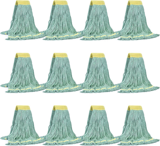 Matthew Cleaning Commercial Mop Head Replacement, 5 Inch Wide Headband, Looped End Cotton Blend String Wet Mops for Floor Cleaning, 18 oz Medium, Case Pack 12 Pcs Green