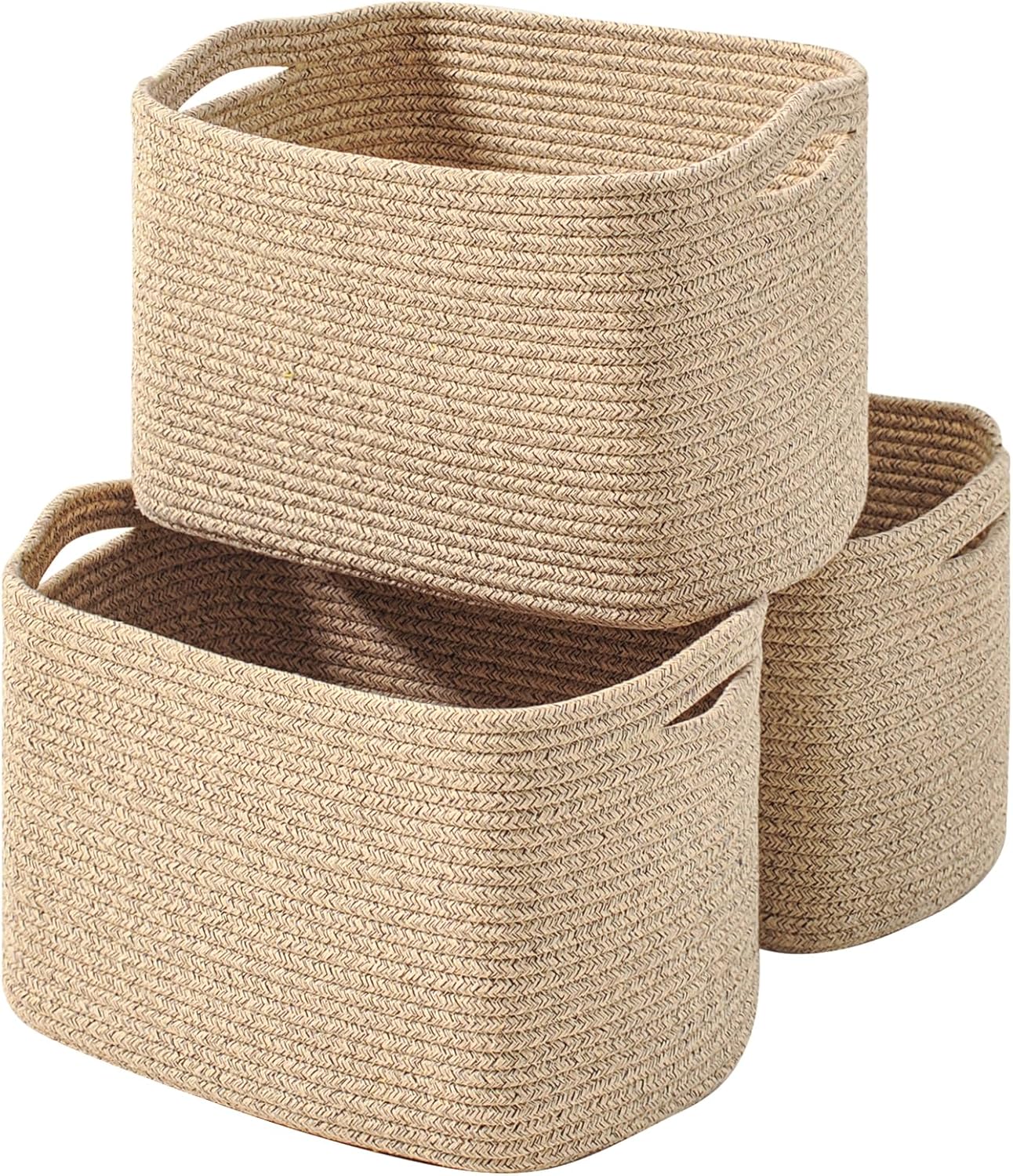 Decorative Storage Baskets for Organizing Shelves, Toy Basket for Nursery, Woven Cotton Rope Baskets for Decor, Towel Basket for Bathroom, 15"x11"x9.5", 3 Packs, Brown