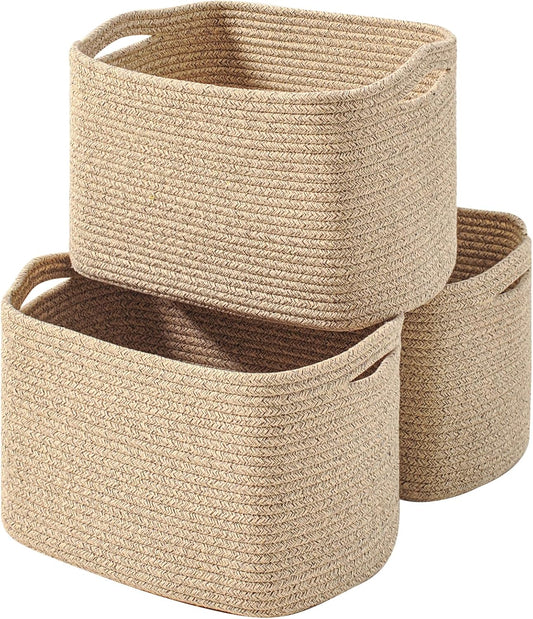 Decorative Storage Baskets for Organizing Shelves, Toy Basket for Nursery, Woven Cotton Rope Baskets for Decor, Towel Basket for Bathroom, 15"x11"x9.5", 3 Packs, Brown