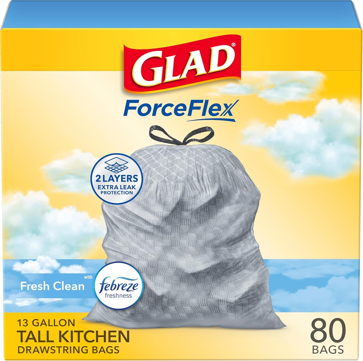 Glad ForceFlex Tall Kitchen Trash Bags, 13 Gallon, Fresh Clean, 80 Count (Package May Vary)