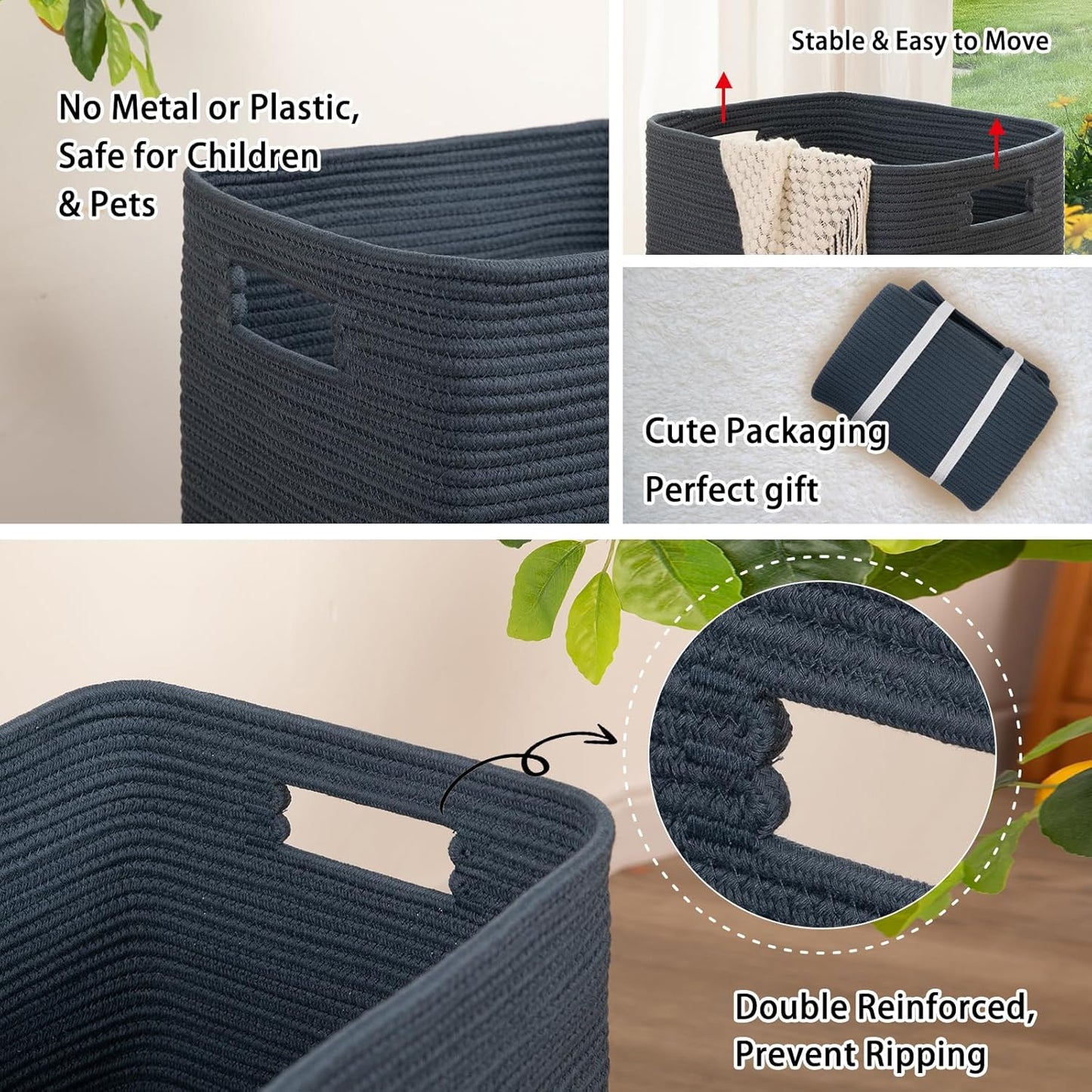 OIAHOMY Laundry Hamper, Laundry Basket，Rectangle Cotton Large Blanket Storage Basket for Living room,Bedroom Woven Decorative Storage for Toys,Clothes,Pillows-16x13x22in-Blue