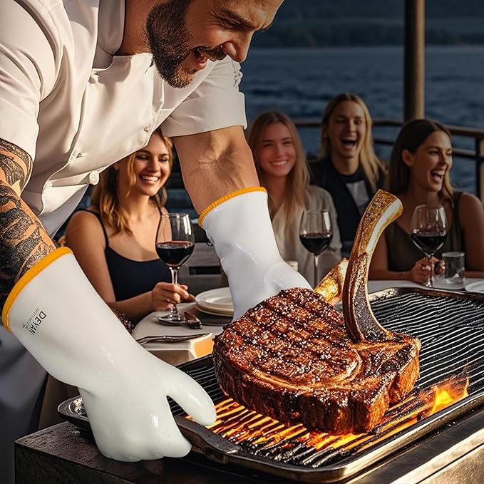 DEYAN Silicone BBQ & Oven Gloves - Food Grade, Heat Resistant Waterproof & Oil Proof Gloves for Grilling, Baking, Frying, Cooking - Long Sleeve & Non-Slip Grip, 1 Pair (White, 8/M)