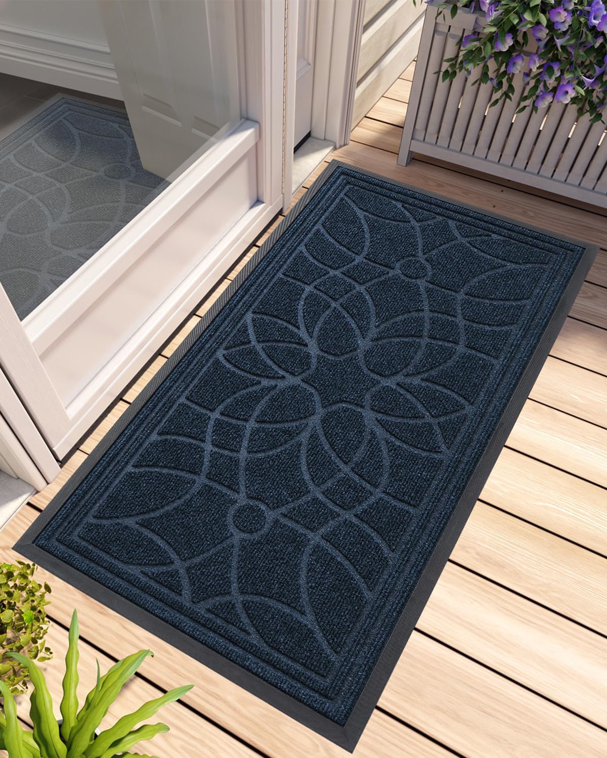 DEXI Front Door Mat Outside Entrance, Heavy Duty Non Slip Low Profile Doormat for Entryway, Trap Dirt and Moisture Welcome Mats, Easy Clean, Patio, Garage, 4x2, Blue