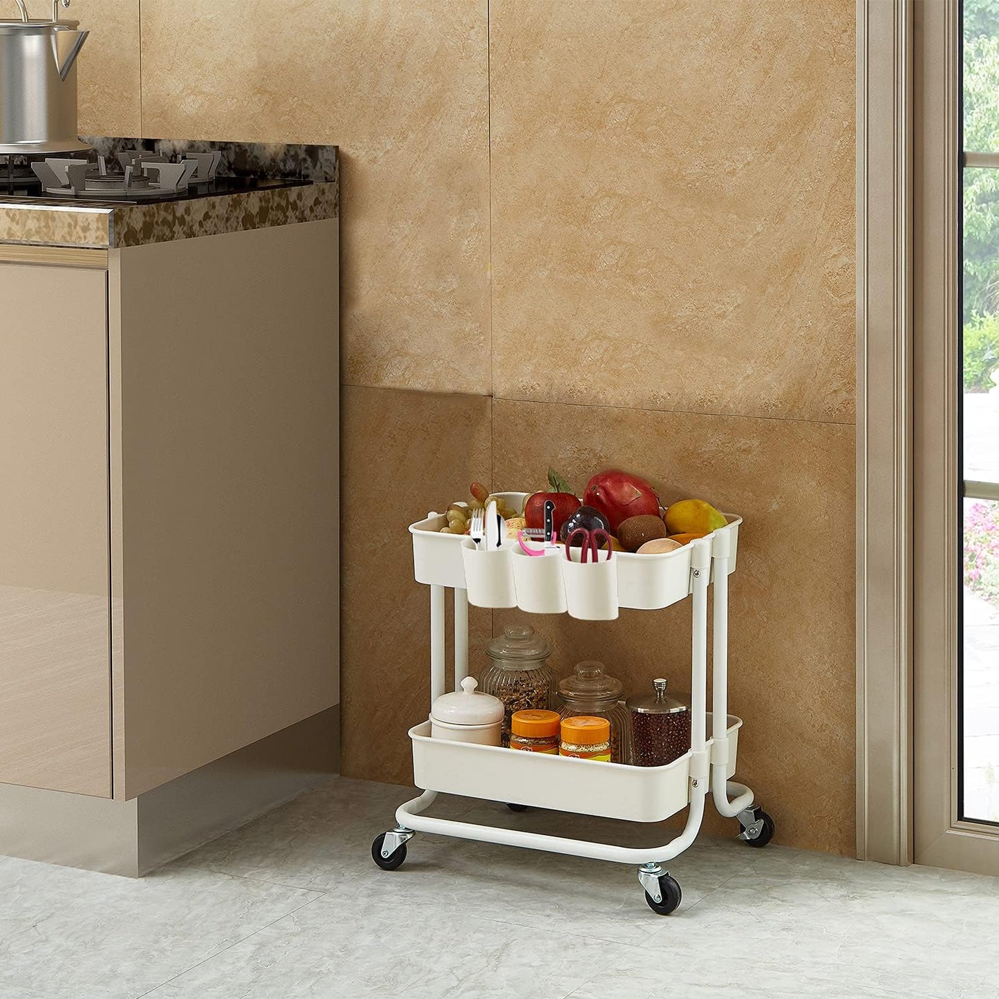 2-Tier Utility Rolling Cart Storage Sofa Side Table with Wheels, Mobile Trolley Organizer with for Office Home Kitchen Organization, Cream White