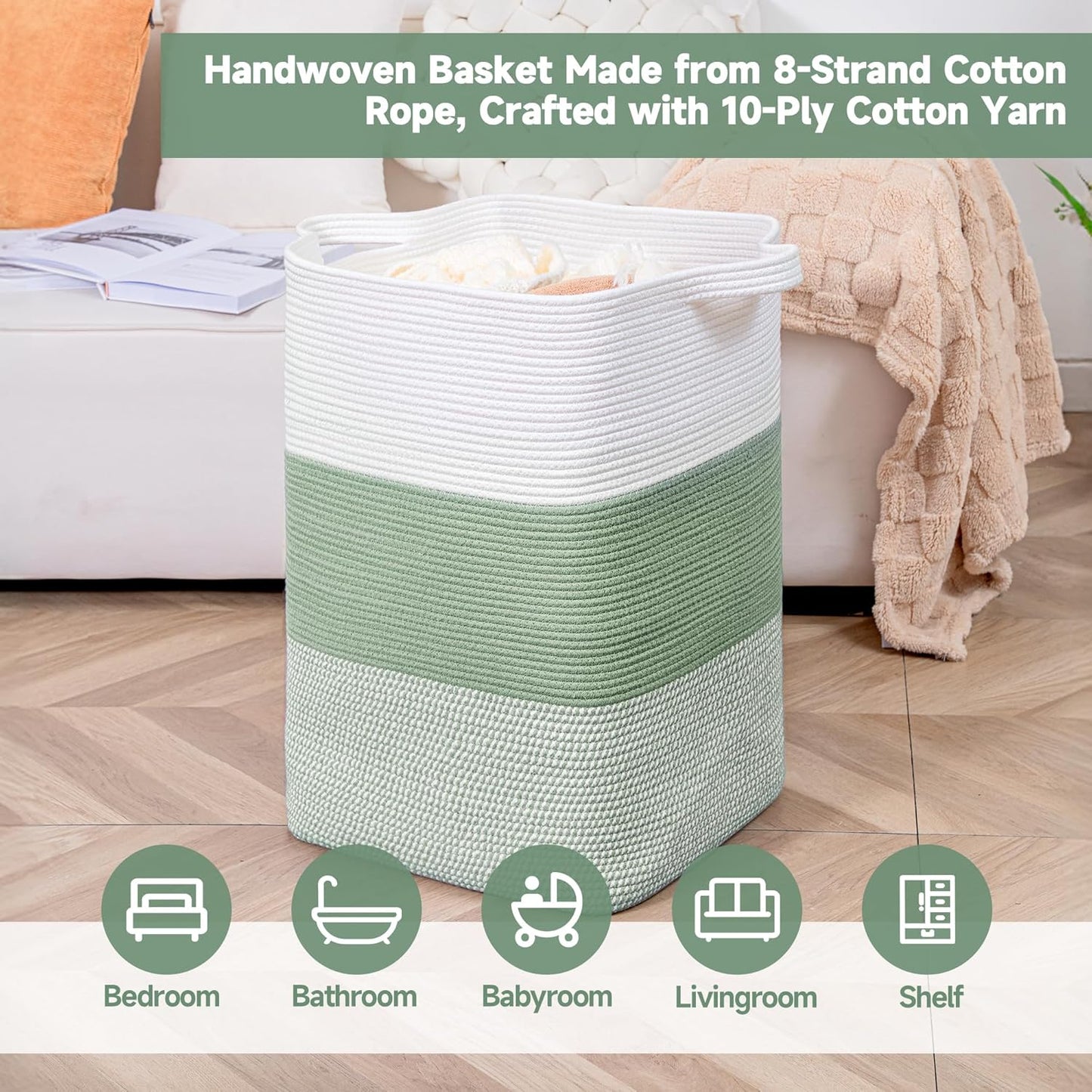 CLHMILY&Z 95L Laundry Basket Rectangular Green Rope - 16x15x24 Inches - Dirty Clothes and Soft Storage Bin for Blankets, Toys, and Nursery Essentials