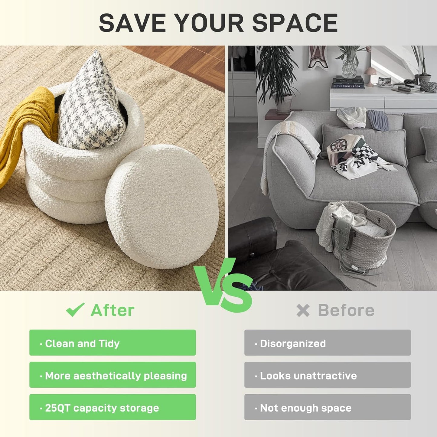 Round Ottoman with Storage Boucle Ottoman Stool with Storage Removable Lid for Living Room Modern Vanity Sorage Stool Foot Rest Bedroom Dorm Gifts Set of 2 (White)