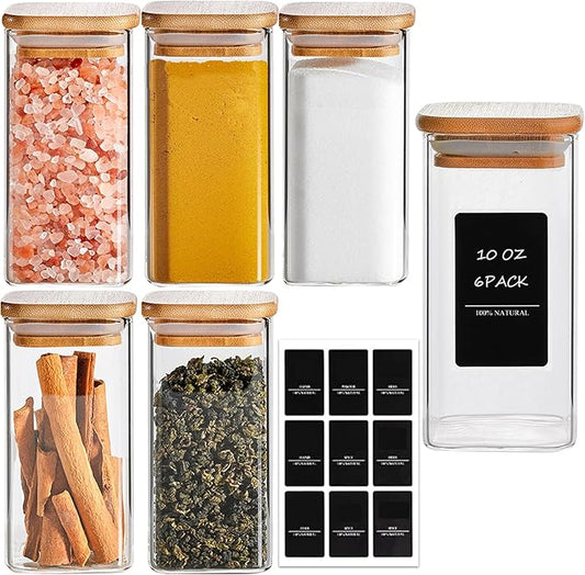 ComSaf 6Pcs 10 oz Large Spice Jars with Label Trial Set, Glass Spice Jars with Bamboo Lids Supplementary Set, Seasoning Container Trial Pack, Perfect for Ktichen Starter