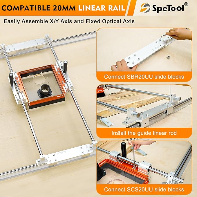 SpeTool Linear Rail Router Sled Slide Connector with Dust Collection, Fit for SBR20UU and SCS20UU Linear Rails, with Acrylic Router Plate Compatitable with Multiple Routers