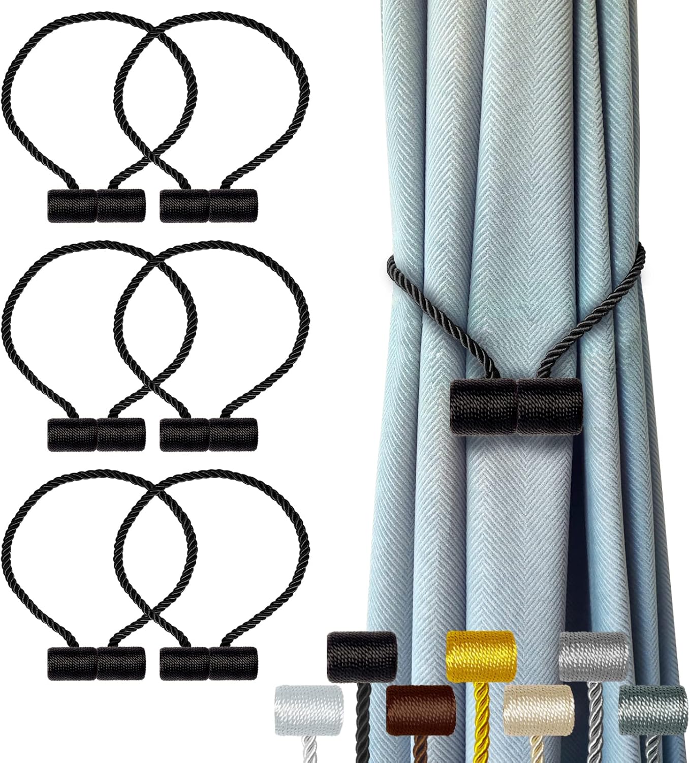 Hion Magnetic Curtain Tiebacks Black 6 Pack, Curtain Tiebacks Buckles Holdbacks Holders Hooks Clip for Home Bedroom Office Decorative Thick or Thin Curtain