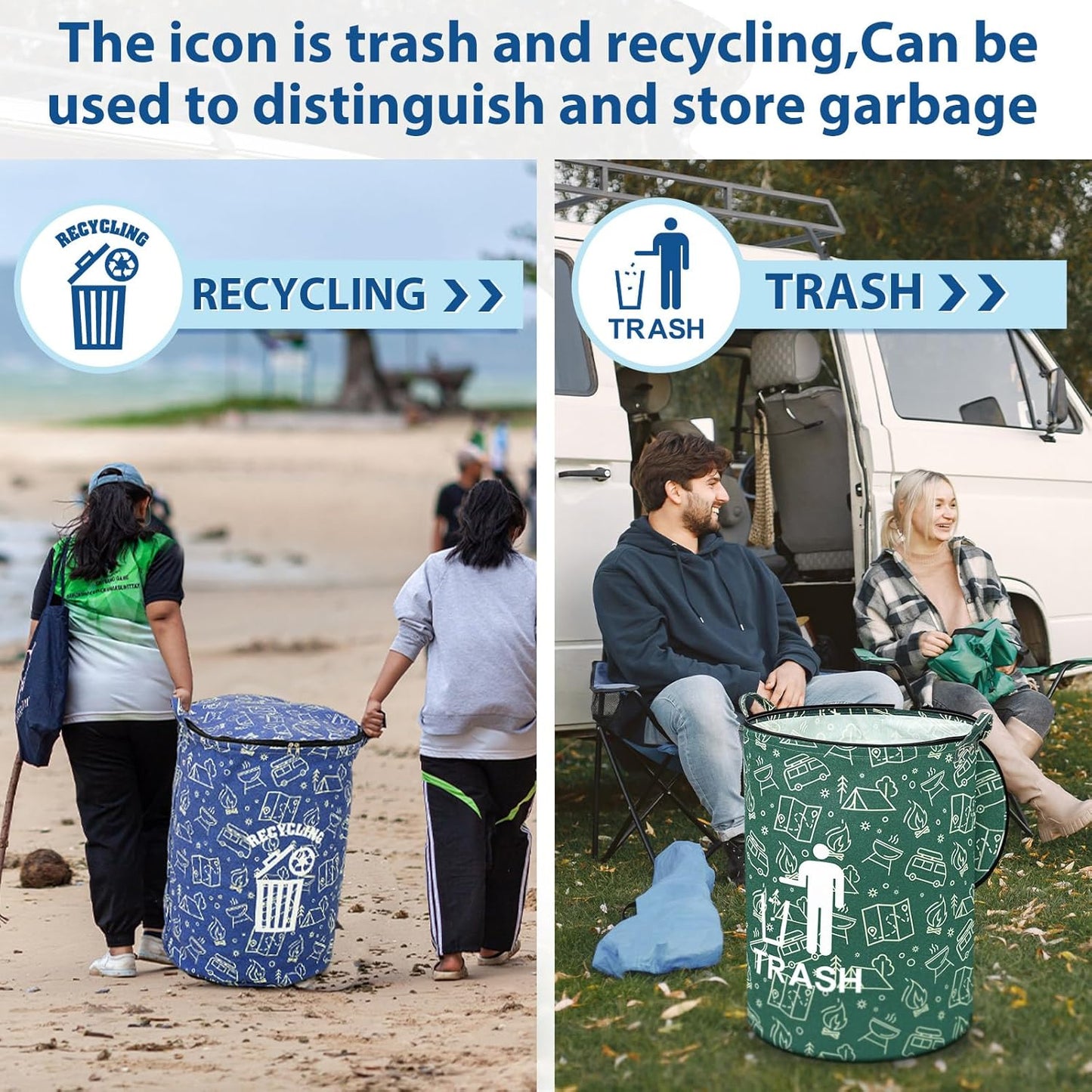 2 Pack Collapsible Trash Can Camping with Zippered Lid Foldable Storage Bin Portable Garbage Can for Outdoor Camping RV's Yard Waste (Trash and Recycling Style)