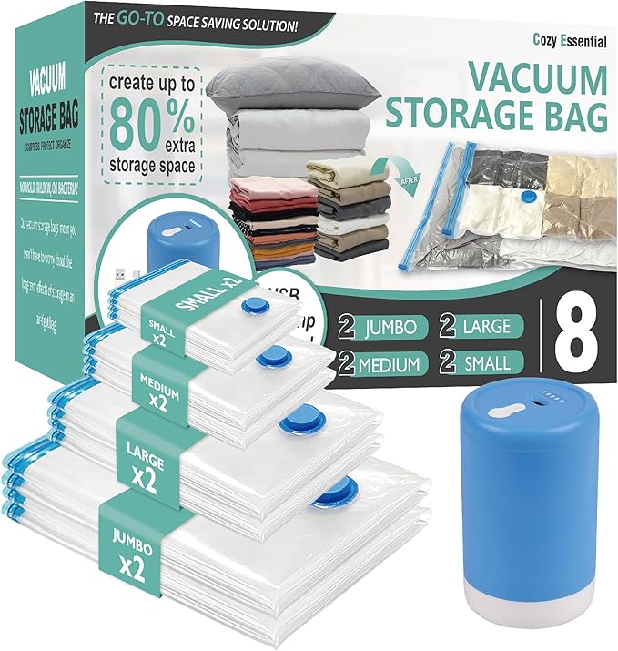 Travel Vacuum Bags with Electric Pump, 8 Pack Vacuum Travel Bags for Luggage and Suitcase, Vacuum Seal Space Saver Compression for Clothes Clothing
