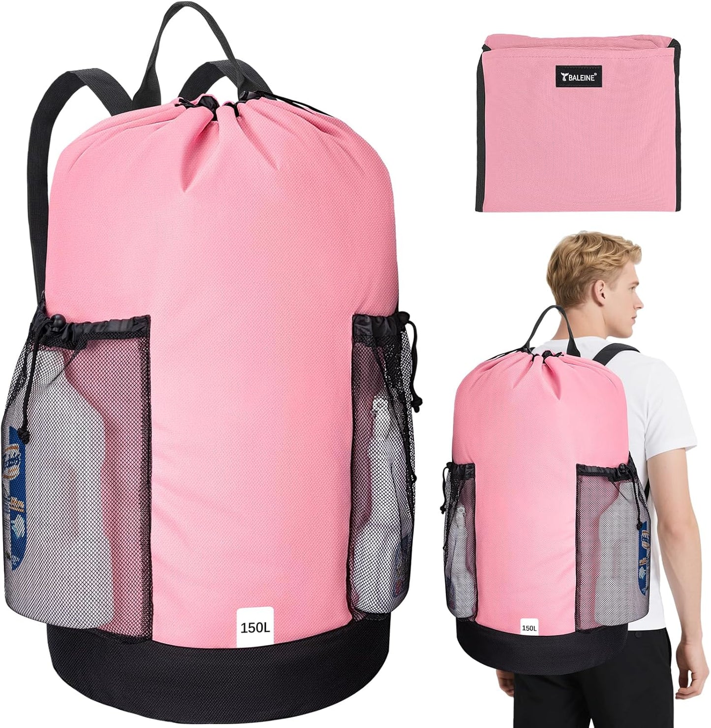 BALEINE 150L Laundry Bag Backpack, 900D Oxford Fabric Large Travel Laundry Bags with Shoulder Straps and 2 Mesh Pockets for College Dorm, Apartment, Laundromat (Pink, 150L)