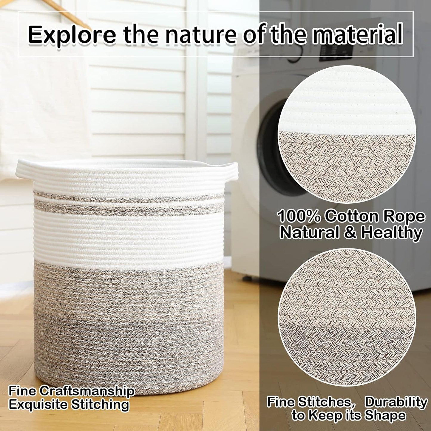 OIAHOMY 58L Laundry Baskets-Laundry Hamper, Storage Basket with Handles, Decorative Basket for Living room, Woven Storage Basket for Toys Bin, Pillows, Blankets, Clothes-18x16in-Gradient Brown