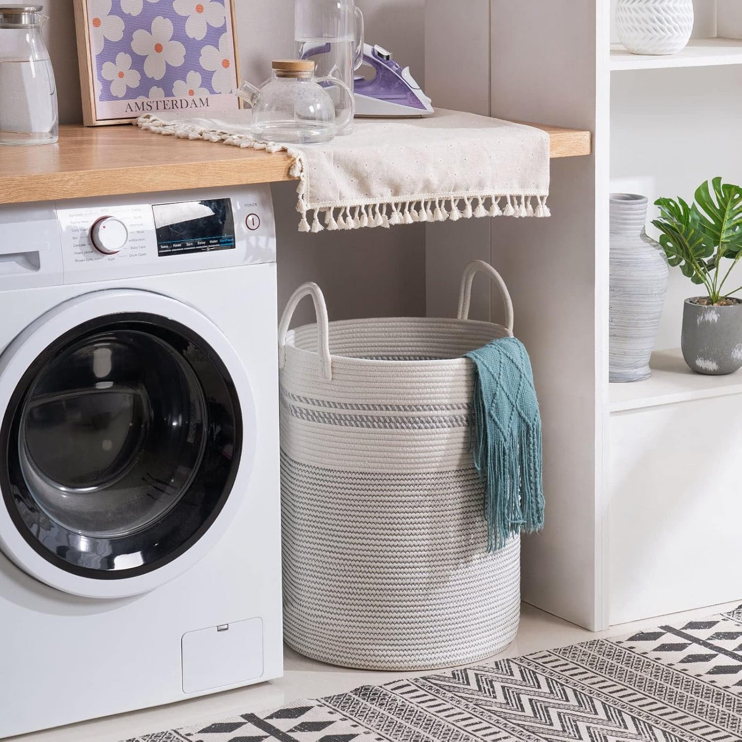 YOUDENOVA Woven Rope Laundry Hamper Basket, 58L Tall Luandry Basket, Baby Nursery Hamper for Blanket Storage, Clothes Hamper for Laundry in Bedroom-Large-Stripe White