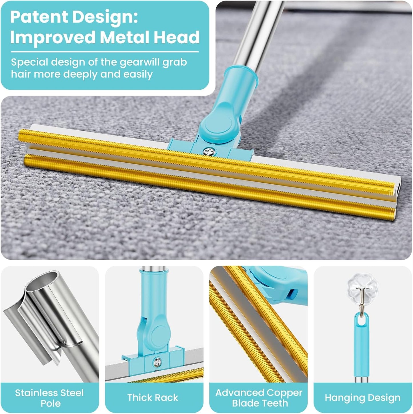 3 in 1 Carpet Rake for Pet Hair Removal, Tool Set of 3, 55” Long Handle Carpet Pet Hair Removal Carpet Scraper Dog Cat Hair Remover for Sofa, Couch, Car, Rug