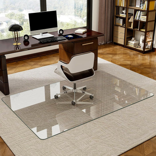 48" x 80" Tempered Glass -Glass Chair Mat, Heavy Duty Hard Floor Mat with Round Corner and Polished Edge, Office Chair Mat for Carpet Office Home Hardwood Floor Desk