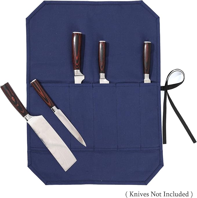 Chef Knife Roll, Heavy Duty 16OZ Waxed Canvas Knife Roll, 5 Slots Knife Bag with Professional Cut Resistant Fabric, Blue (21"L x 15.5"W)