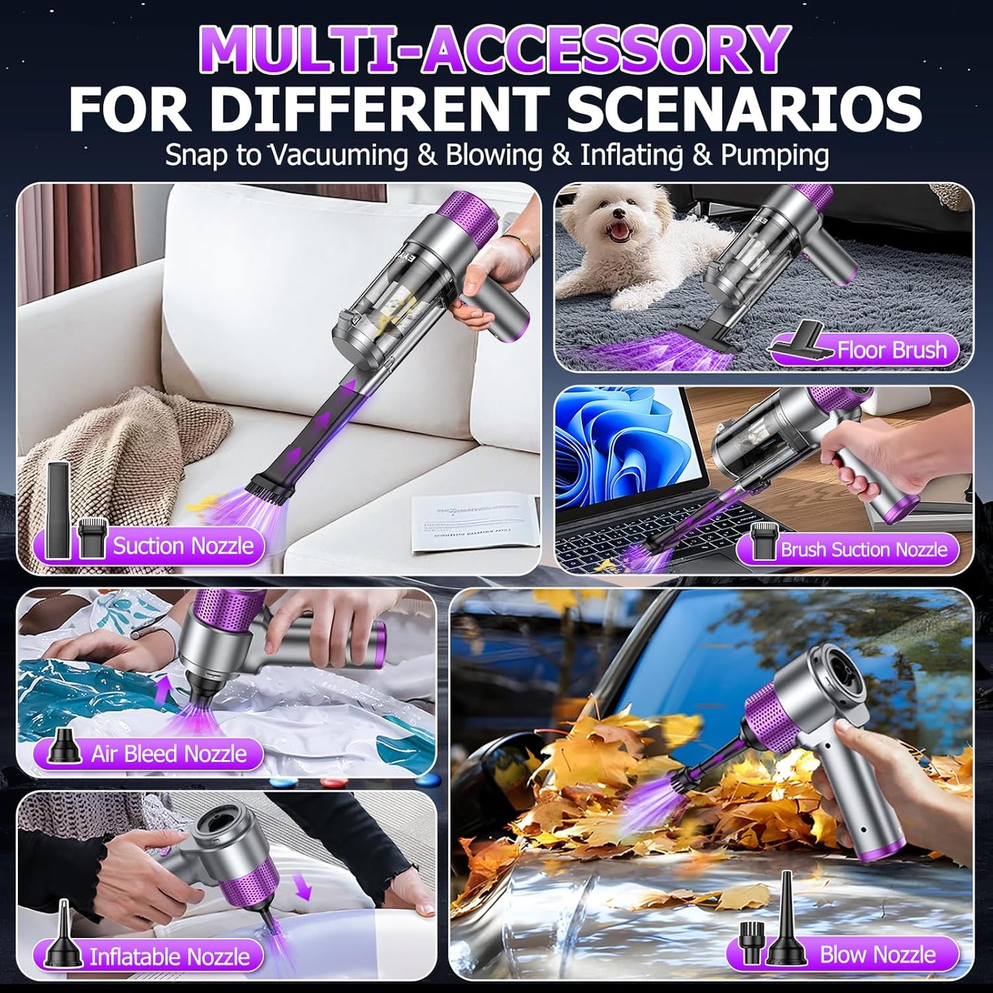 EYYA Handheld Car Vacuum Cleaner Cordless, 16000PA Powerful Hand Held Vacuum Cordless Rechargeable, 4-in-1 Portable Mini Vacuum & Air Duster with Multi-Nozzles and LED Light for Car Home Office