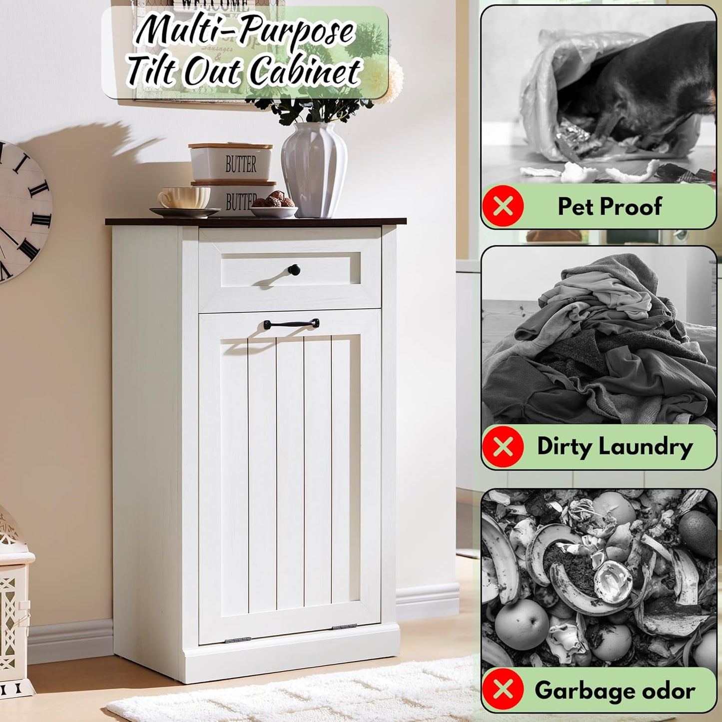 Tilt Out Laundry Hamper Cabinet, 10 Gallon Farmhouse Trash Can Cabinet with Drawer, Hidden Wood Garbage Can Bin Cabinet with Laundry Storage Basket for Bathroom, Kitchen, Antique White