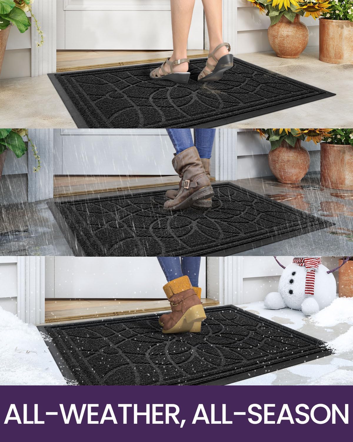 DEXI Front Door Mat Outside Entrance, Heavy Duty Non Slip Low Profile Doormat for Entryway, Trap Dirt and Moisture Welcome Mats, Easy Clean, Patio, Garage, 3x2, Black