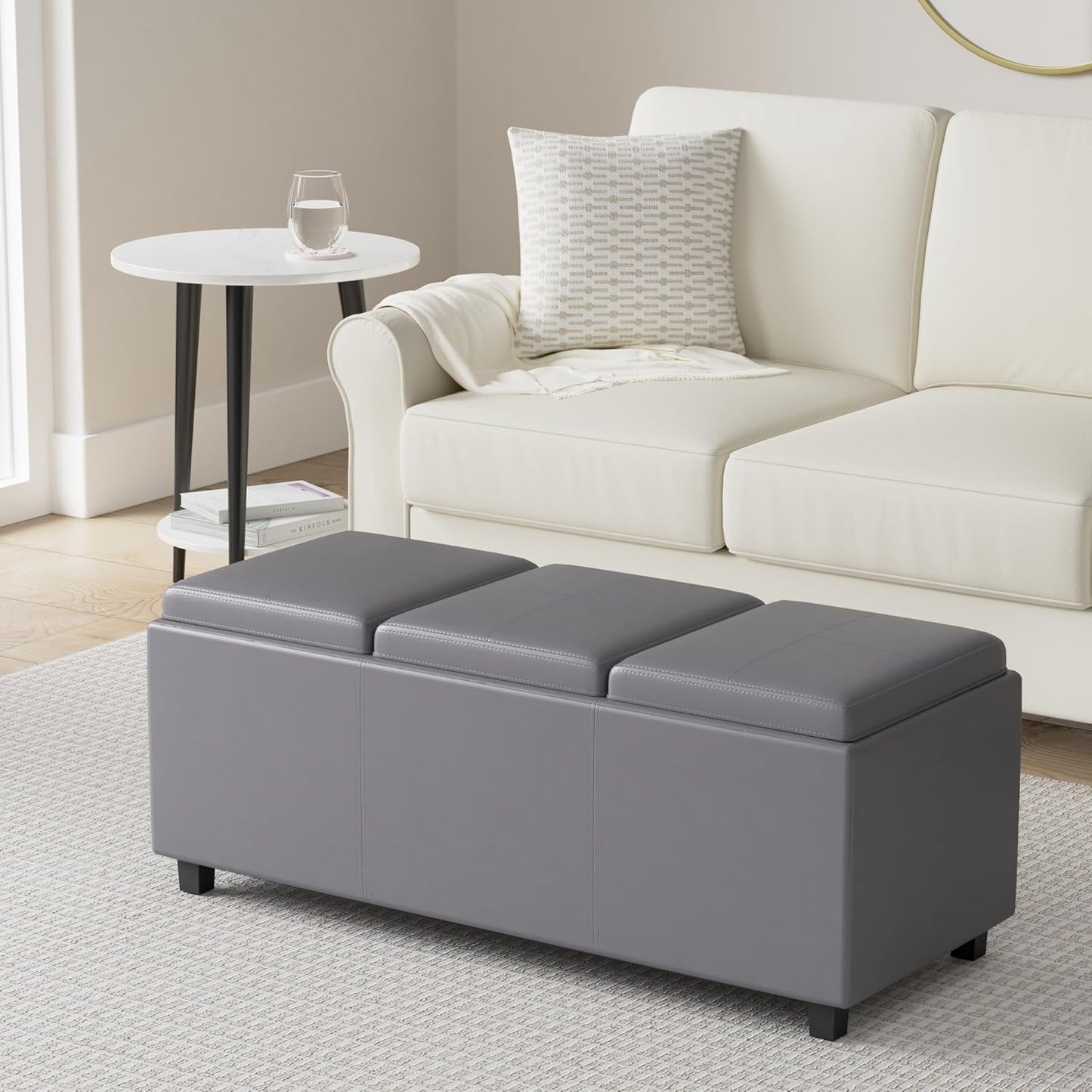 SIMPLIHOME Avalon 42 inch Wide Contemporary Rectangle Storage Ottoman in Stone Grey Vegan Faux Leather, Assembled, For the Living Room, Entryway and Family Room