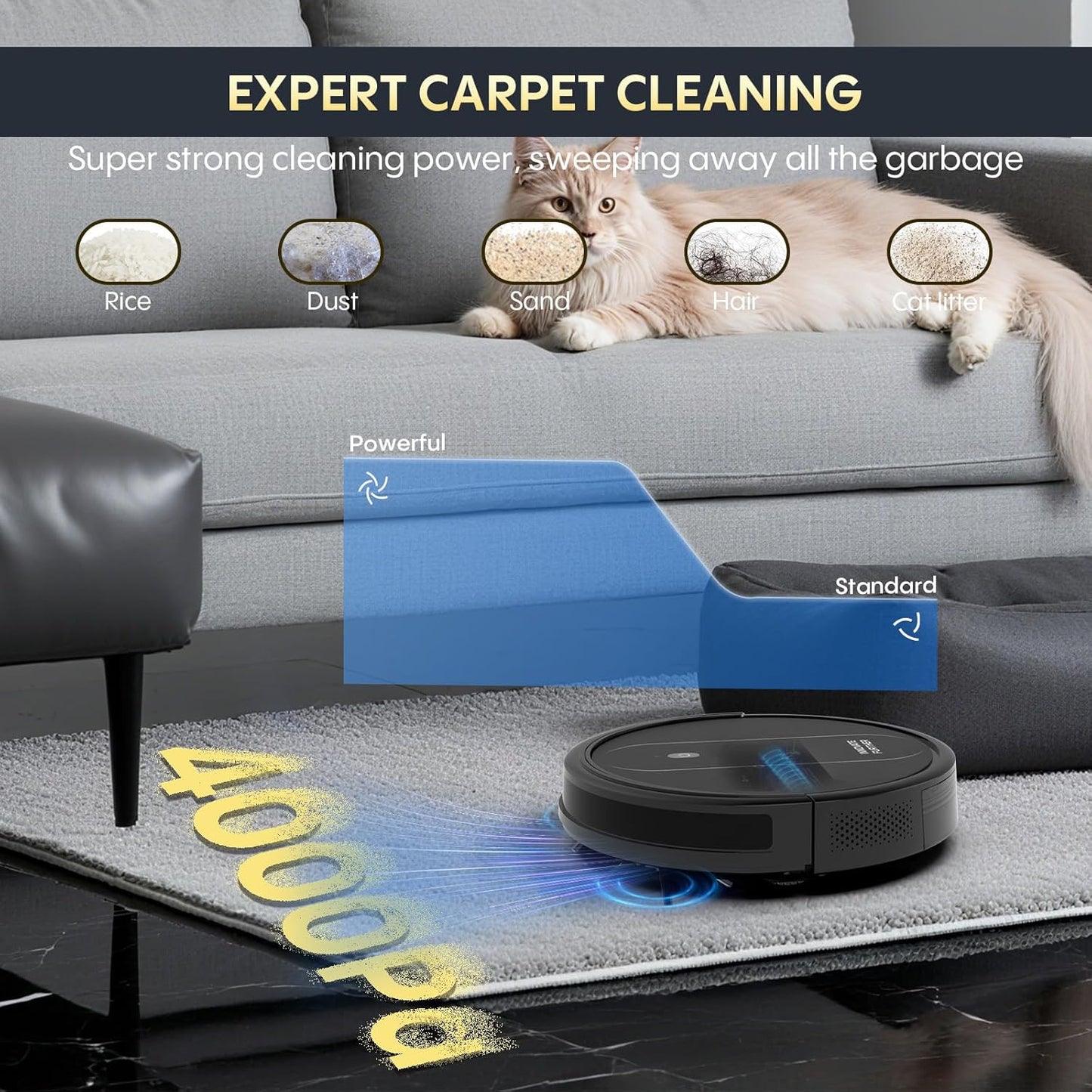 3-in-1 Robot Vacuum 4000Pa Strong Suction Robot Vacuum Cleaner & Smart Navigation & Alexa/APP Control & Auto Recharge & Central Brush, Vacuum Robot and Mop for Pet Hair (Classic Black)