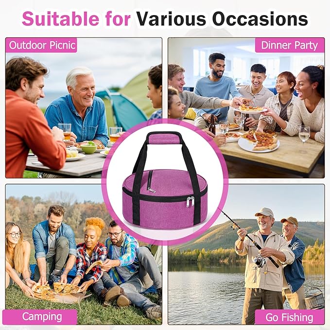 Round Insulated Casserole Carrier, Pie Carrier Bag, Portable Casserole Carrier for Hot or Cold Food Lunch Tote, Lunch Bag for Parties Picnic, Fits 12.5" Baking Dish, Rose Red